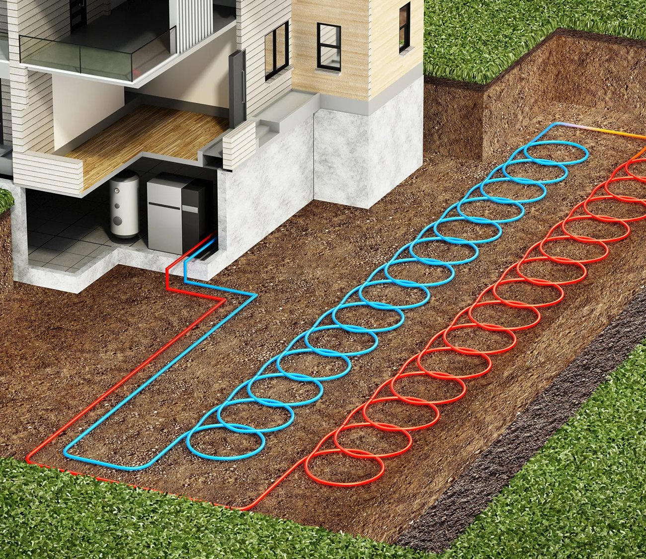 Cutaway of a house with a ground-source heat pump and its buried ground loop