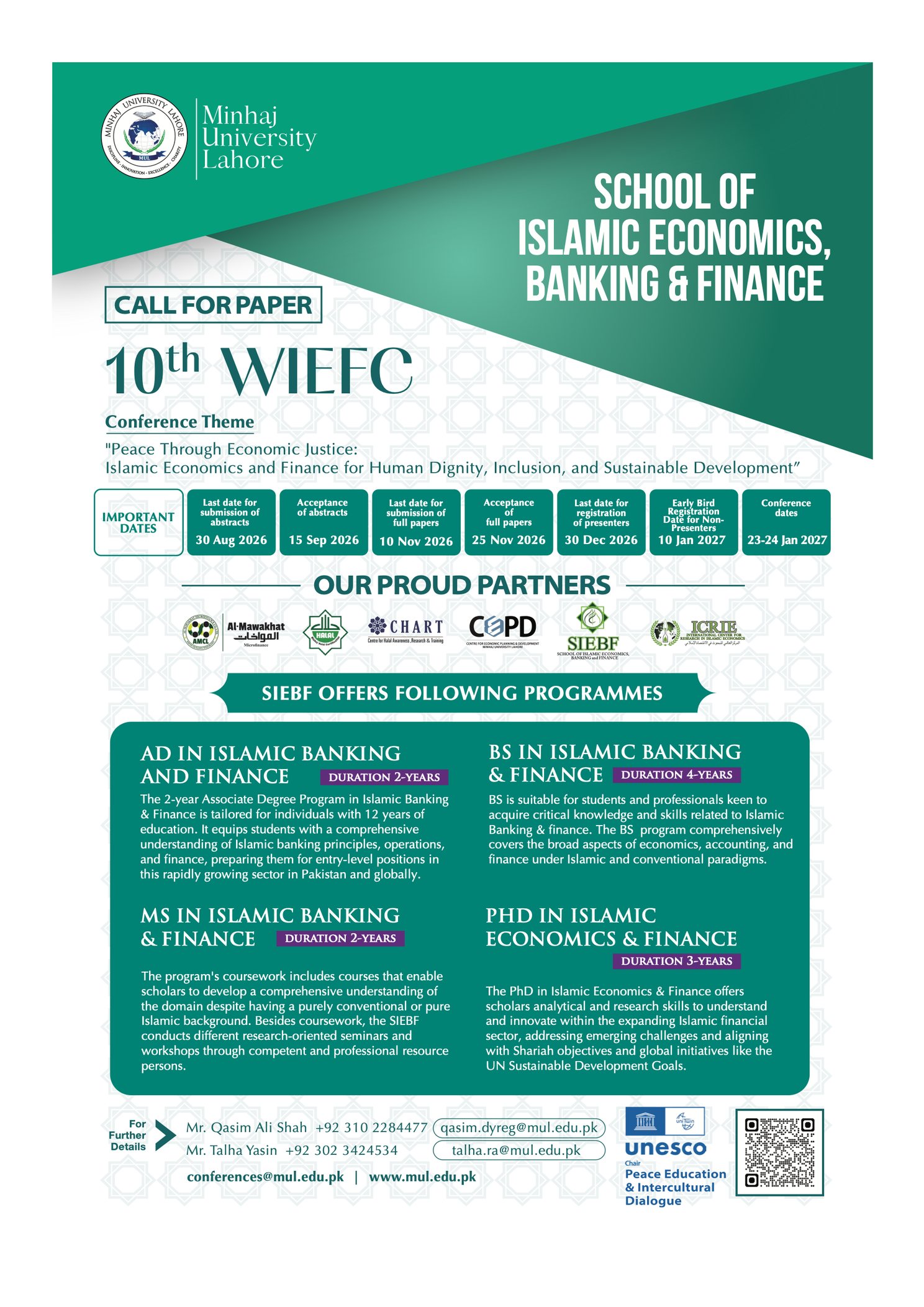 Minhaj University Lahore, School of Islamic Economics, Banking & Finance: call for papers, 10th WIEFC, 23–24 January 2027
